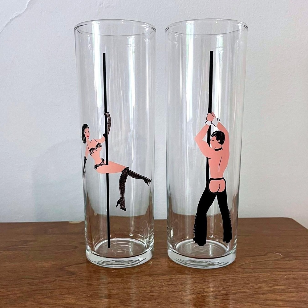 Vintage Libbey Risque Pole Dancer Zombie Glass Set 7" MCM Kitsch Burlesque EUC